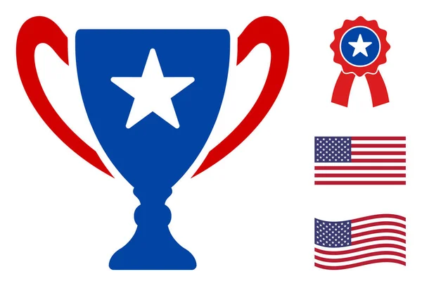 Düz Vektör Ödülü Kupası Simgesi Yıldızlı Amerikan Demokratik Renkleri — Stok Vektör