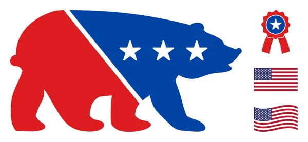 Icône d'ours vectoriel plat dans les couleurs démocratiques américaines avec des étoiles — Image vectorielle