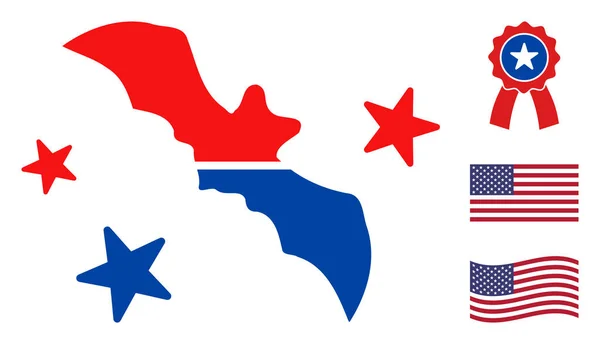 Icône de chauve-souris volante vectorielle plate dans les couleurs démocratiques américaines avec des étoiles — Image vectorielle