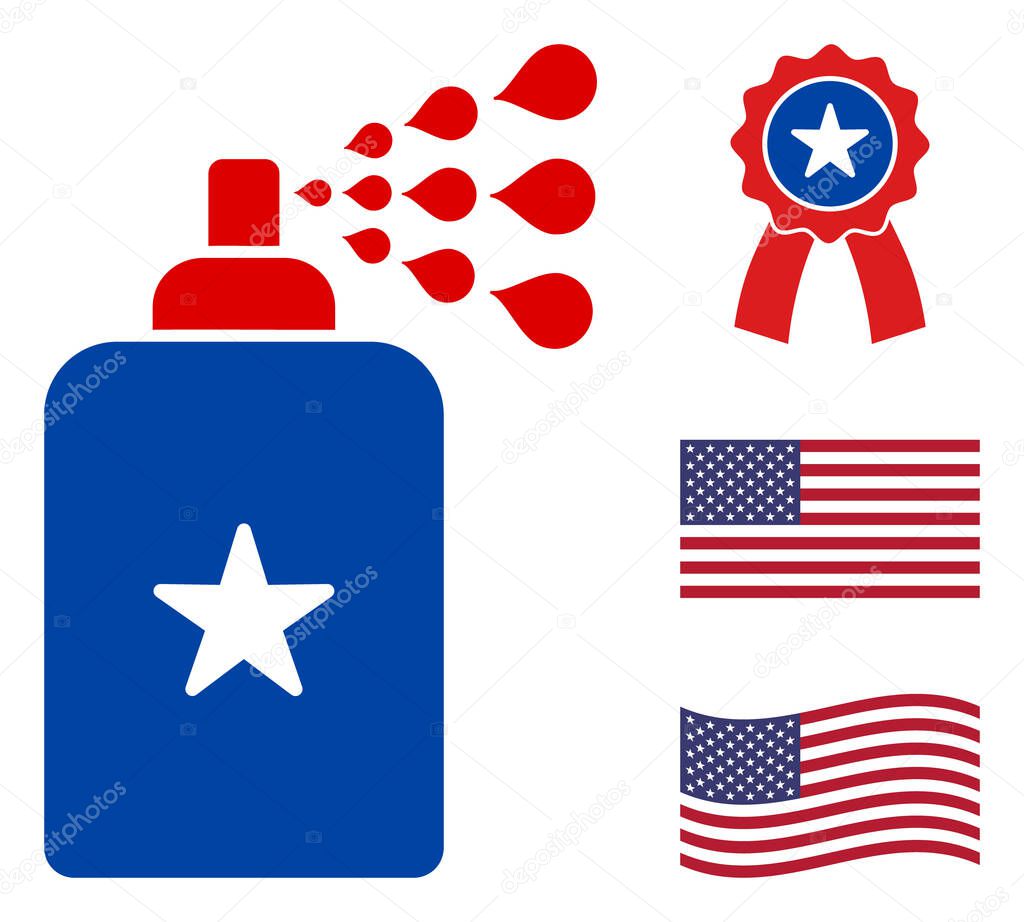 Disinfectant spray icon in blue and red colors with stars. Disinfectant spray illustration style uses American official colors of Democratic and Republican political parties, and star shapes.
