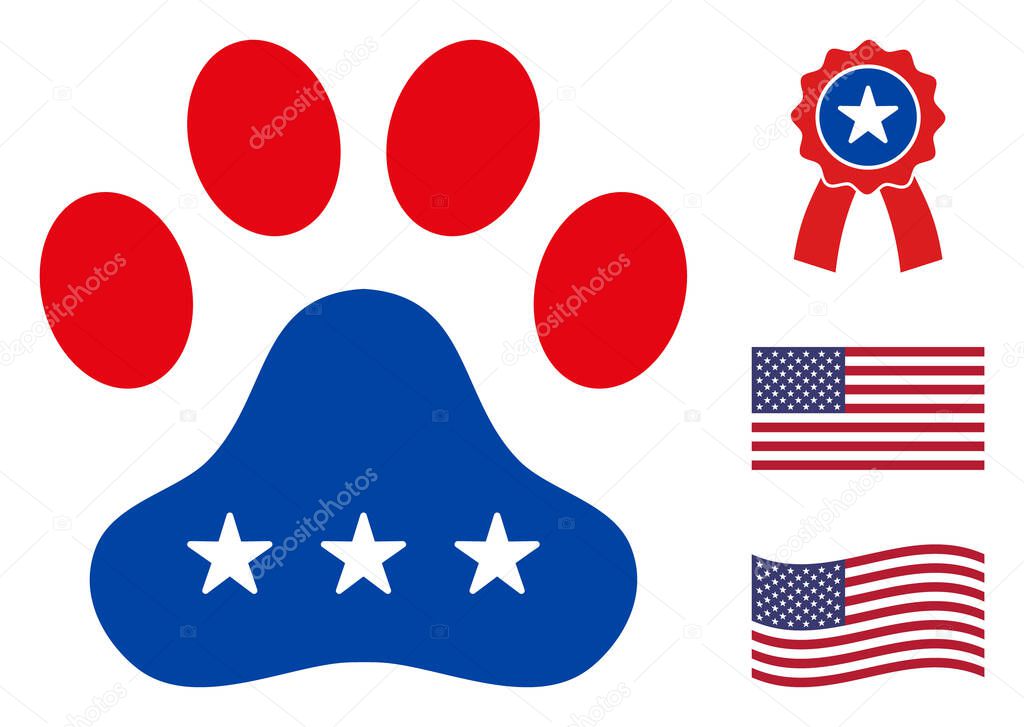 Paw footprint icon in blue and red colors with stars. Paw footprint illustration style uses American official colors of Democratic and Republican political parties, and star shapes.