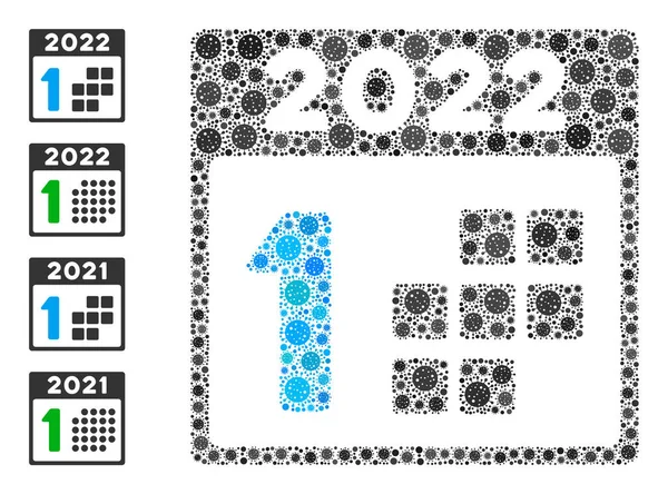 2022 Primer Día Icono Mosaico con Coronavirus Artículos — Archivo Imágenes Vectoriales