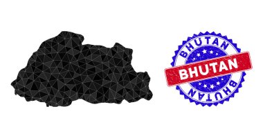 Bhutan Haritası Üçgen Ağ ve Çizilmiş Çift Renkli Mühür