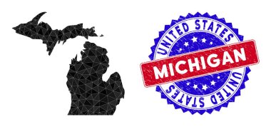Michigan Eyalet Haritası Üçgen Ağı ve Çizilmiş Çift Renkli Mühür