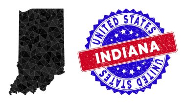 Indiana Eyaleti Haritası Çokgen Ağ ve Grunge Çift Renk Damgası