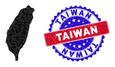 Tayvan Adası Haritası Üçgen Ağ ve Çizilmiş Çift Renkli Mühür