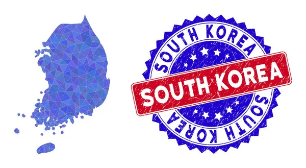 Corea del Sur Mapa Triángulo Malla y Grunge Bicolor Sello — Vector de stock