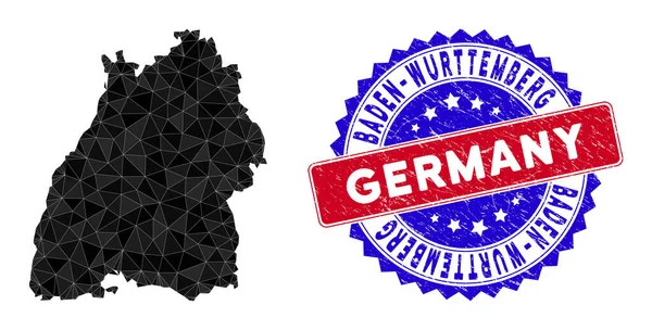 Baden-Wurttemberg Land Map Triangle Mesh och repade Bicolor Stamp — Stock vektor