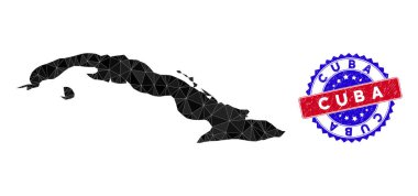 Küba Haritası Çokgen Ağ ve Grunge Çift Renk Mührü