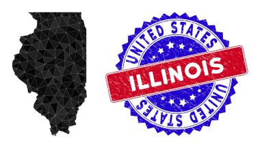 Illinois Eyalet Haritası Üçgen Ağı ve Grunge Çift Renkli Filigran