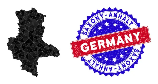 Sachsen-Anhalt Land Map Polygonal Mesh och Distress Bicolor Stämpel Seal — Stock vektor