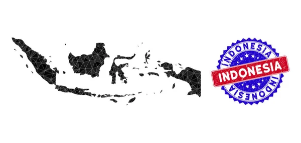 Indonesia Mapa de malla triangular y sello bicolor rayado — Vector de stock