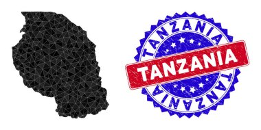 Tanzanya Haritası Çokgen Ağ ve Grunge Çift Renkli Filigran