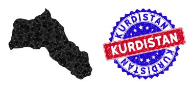 Kürdistan Haritası Çokgen Ağ ve Grunge Çift Renk Mührü