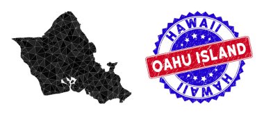 Oahu Adası Haritası Üçgen Ağ ve Grunge Çift Renkli Mühür