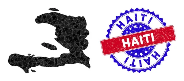 Haiti Map Triangle Mesh and Scratched Bicolor Stamp Seal — 스톡 벡터