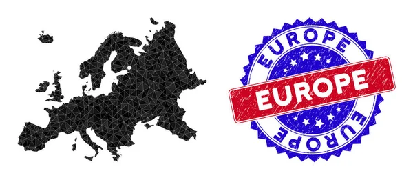 Europa-Karte Dreiecksnetz und zweifarbige Briefmarke für Seenot — Stockvektor