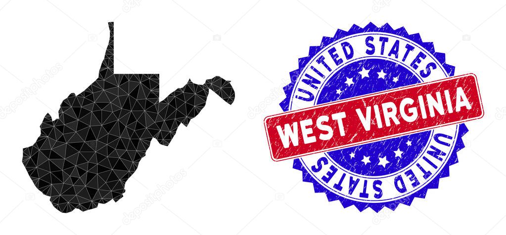 West Virginia State Map Polygonal Mesh and Distress Bicolor Stamp