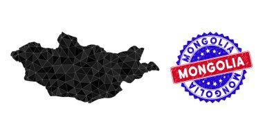 Moğolistan Haritası Çokgen Ağ ve Çizilmiş Çift Renkli Mühür
