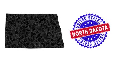 Kuzey Dakota Eyaleti Haritası Çokgen Ağ ve Grunge Çift Renkli Mühür