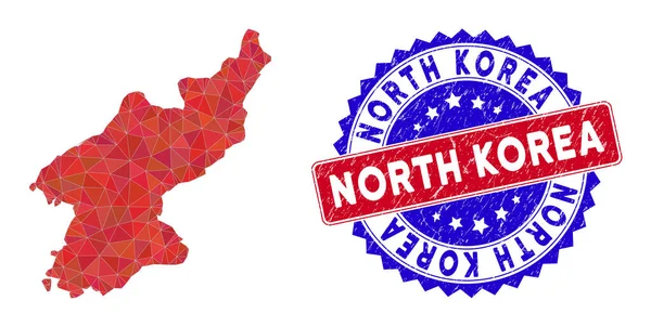 Mapa da Coreia do Norte Malha poligonal e selo de selo Grunge Bicolor —  Vetores de Stock
