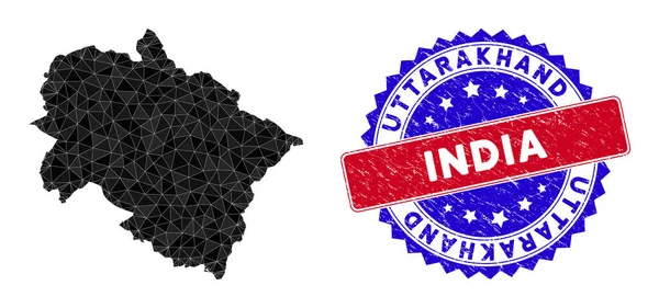 Uttarakhand State Map Polygonal Mesh and Grunge Bicolor Stamp — Stockový vektor