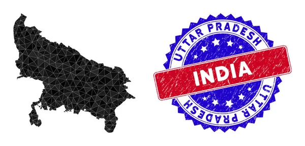 Uttar Pradesh State Map Polygonal Mesh and Scratched Bicolor Stamp — Stockový vektor