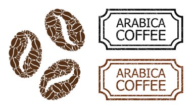 Arabica Kahve Notches ve Kakao Fasulyeleri Kahve Fasulyeleri Kolajlı Dokulu Mühür