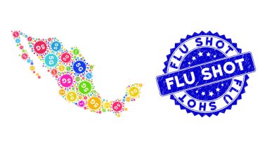 Grunge Gribi Vuruşu Mühür ve Meksika Haritası Parlak Renkli Şablon 5G Kapaklı Virüs Simgeleri