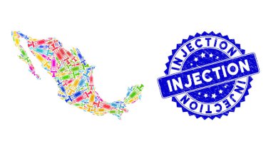 Grunge Enjeksiyon Mührü ve Meksika Haritası Şırınga Nesnelerinin Çok Renkli Mozaiği