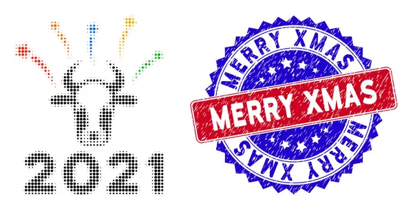 Pixel Halftone 2021 πυροτεχνήματα ταύρος Εικονίδιο και Bicolor Καλά Χριστούγεννα Scratched Σφραγίδα — Διανυσματικό Αρχείο