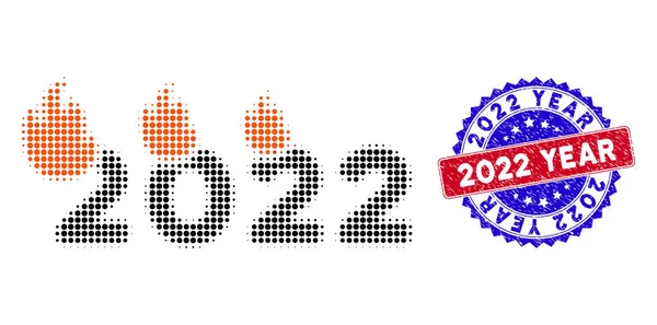 Dotted Halftone Fired 2022 year Icon and Bicolor 2022 Year Distress Rubber Imprint — 스톡 벡터