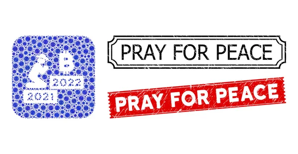 Priez pour la paix Timbres de sceau texturé avec pochoir pandémique Mosaïque Gentleman Priez Bitcoin 2022 — Image vectorielle