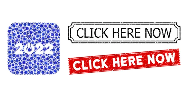 Haga clic aquí ahora Sellos de caucho rayado y Bacilla Stencil Mosaic Start 2022 Leyenda — Vector de stock