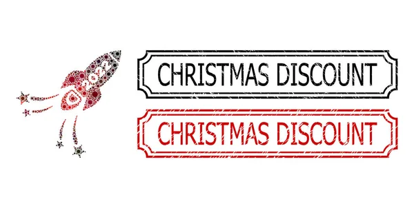 Weihnachtsrabatt zerkratzte Gummimarken mit Kerben und Feuerwerksraketen-Collage aus Coronavirus-Elementen — Stockvektor