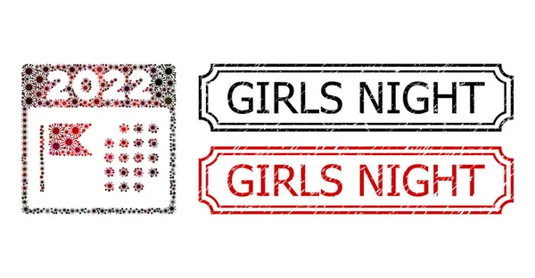 Girls Night Textured Badges mit Kerben und 2022 Feiertagskalender Mosaik aus Covid-2019 Elementen — Stockvektor