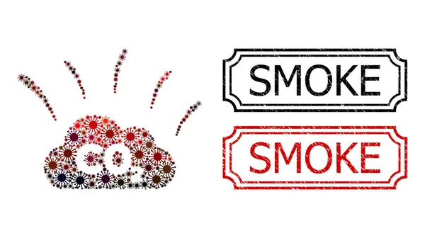 Sellos de goma de grunge de humo con muescas y CO2 Mosaico de emisión de humo de artículos Covid — Vector de stock