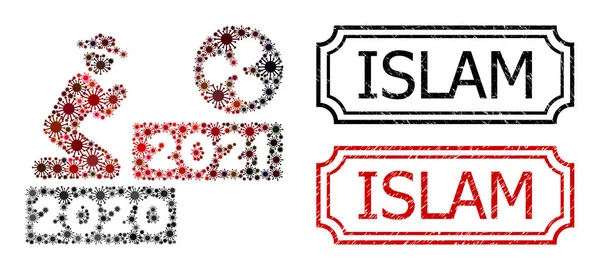 Islam Rasguñado sellos con muescas y caballero rezar ondulación 2021 Mosaico de iconos del Coronavirus — Vector de stock