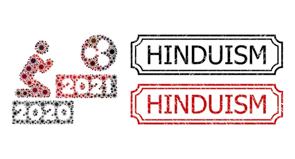 Sellos de angustia del hinduismo con muescas y la Onda de Oración del Hombre 2021 Mosaico de Iconos del Virus Covid — Archivo Imágenes Vectoriales