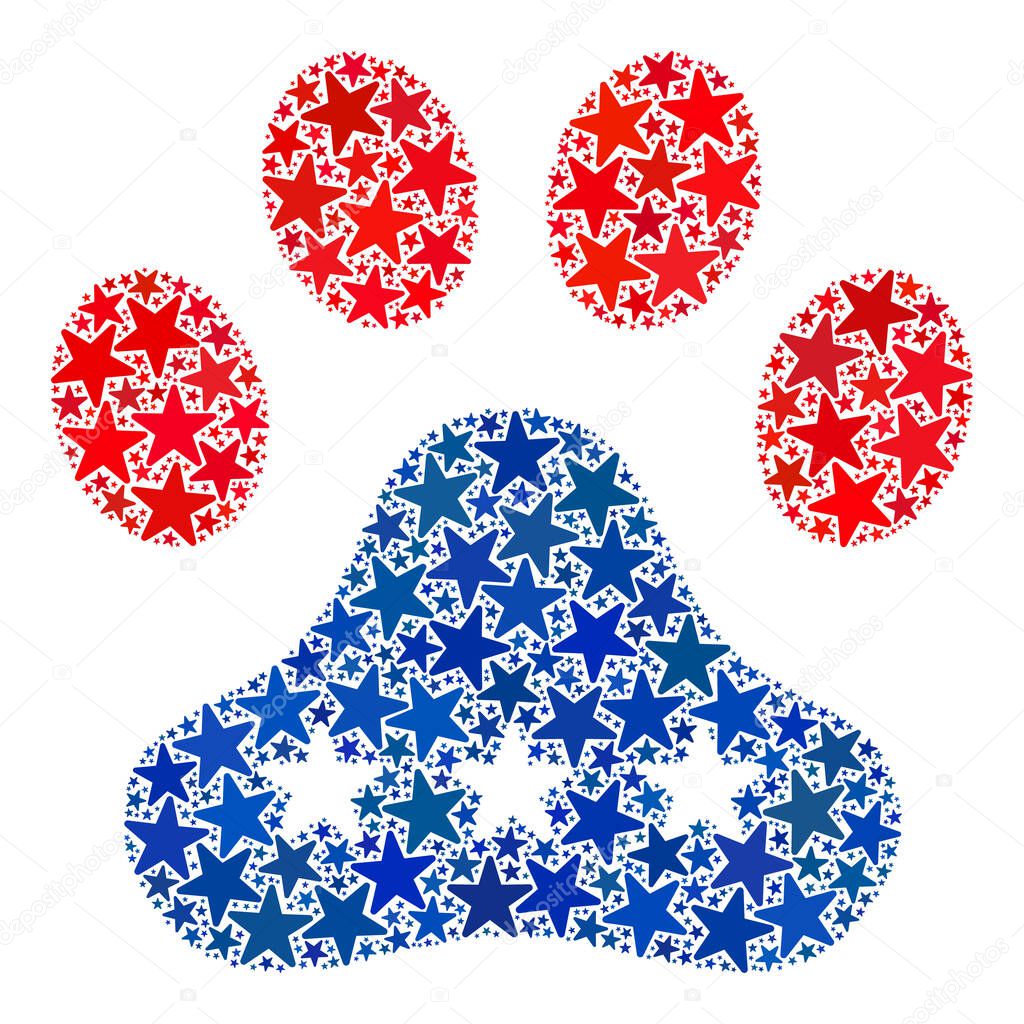 Paw footprint mosaic of stars in various sizes and color tints. Paw footprint illustration uses American official blue and red colors of Democratic and Republican political parties, and star parts.