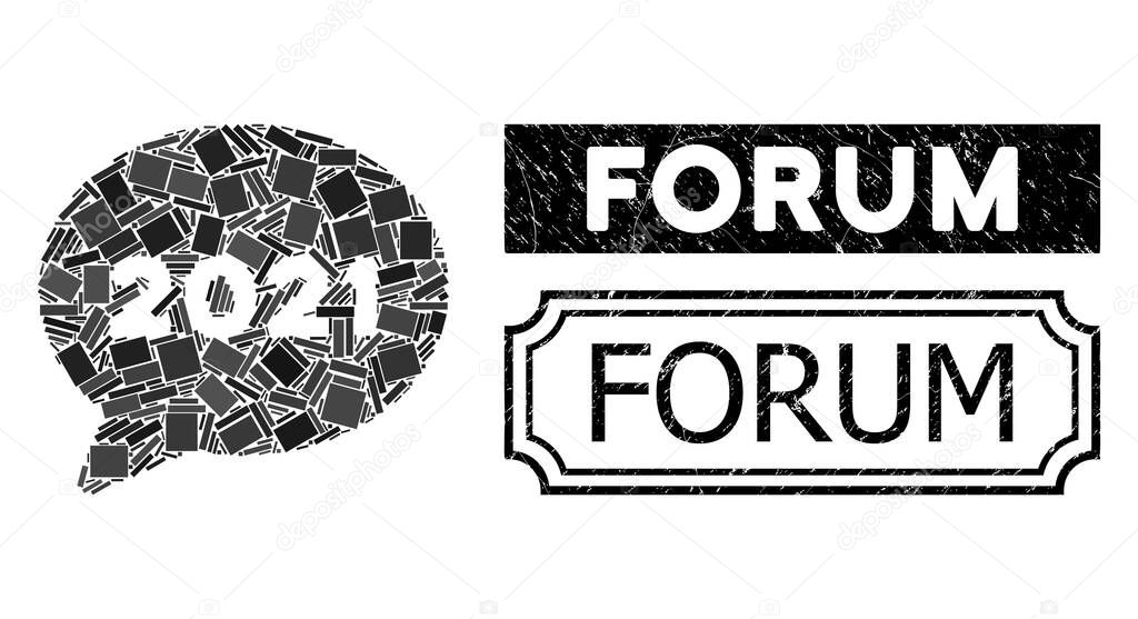 Forum Scratched Seal Stamp with Notches and 2021 Forum Message Mosaic of Rectangle Items