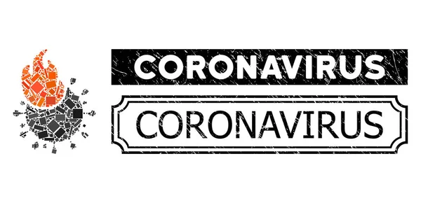 Coronavirus Distress Seal Stamp with Notches and Fired Coronavirus Mosaic of Rectangular Parts — 스톡 벡터