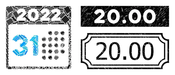 20.00 Σφραγίδα κινδύνου με εγκοπές και ψηφιδωτό τελευταίας ημέρας 2022 ορθογώνιων στοιχείων — Διανυσματικό Αρχείο