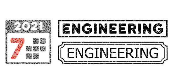 Grunge Stamp Ingeniería con muescas y 2021 Año 7 Días Collage de piezas rectángulo — Archivo Imágenes Vectoriales
