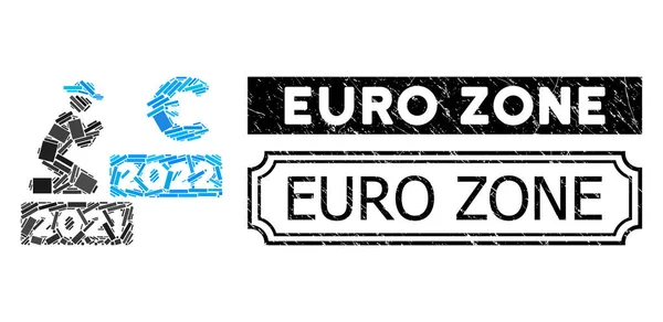 Euro Zone Grunge Seal with Notches and Gentleman Pray Ευρώ 2022 Κολάζ Ορθογώνιων Στοιχείων — Διανυσματικό Αρχείο