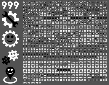 999 araçları, dişliler, gülümsüyor, harita işaretleri, telefon simgeleri.