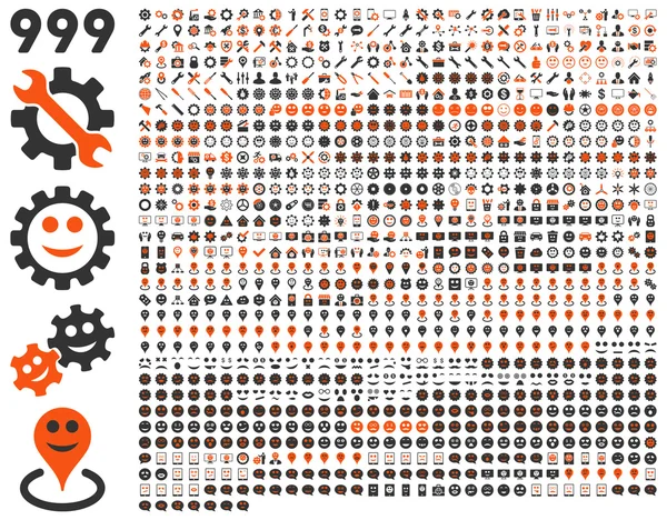 999 ferramentas, engrenagens, sorrisos, marcadores de mapa, ícones móveis . — Fotografia de Stock