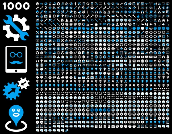 1000 herramientas, engranajes, sonrisas, marcadores de mapa, iconos móviles — Vector de stock