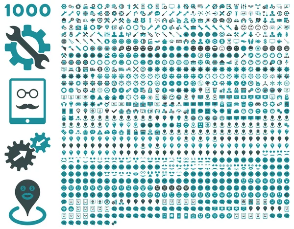 1000 инструментов, шестеренок, улыбок, маркеров карт, мобильных иконок — стоковый вектор