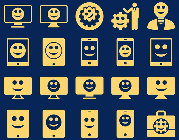 Herramientas, opciones, sonrisas, pantallas, iconos de dispositivos — Vector de stock